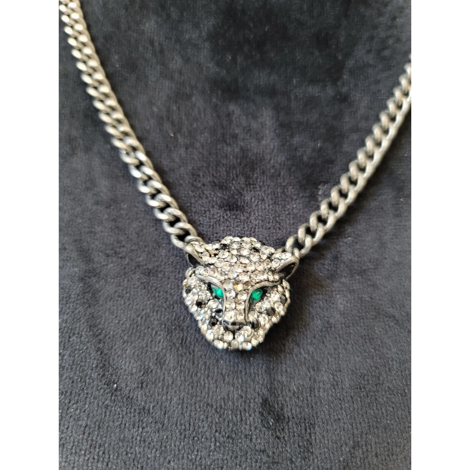 Women's Panther Head Rhinestone Necklace With Green Eyes And Lobster Clasp Lock Gray - Image 3