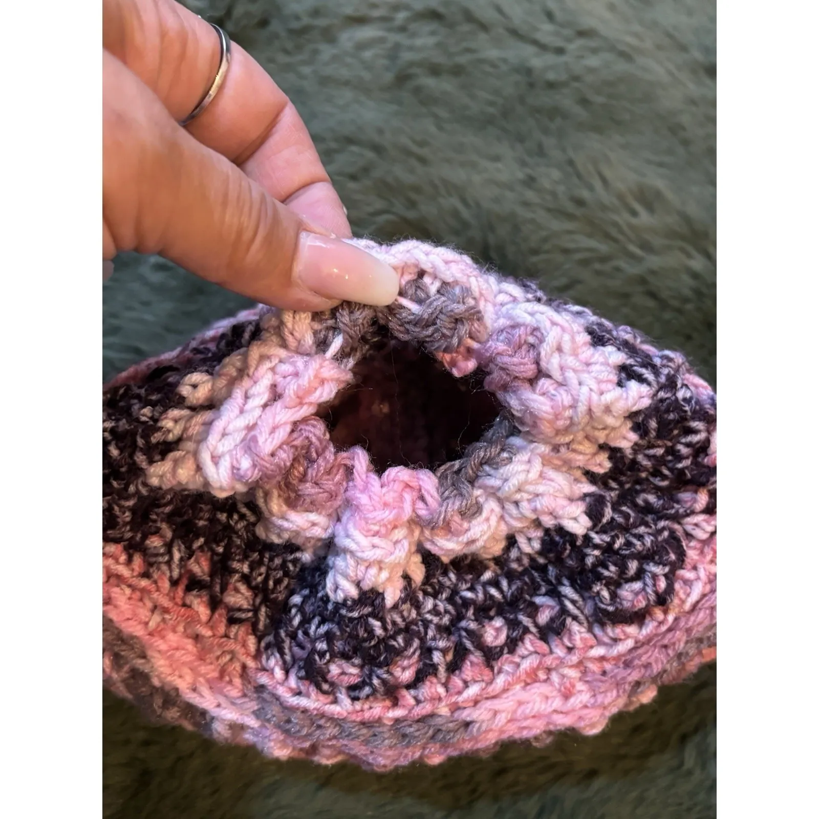 Handmade Crocheted Knit Ponytail Beanie Pink/Black Adult SzLogo Bella Creations - Image 6