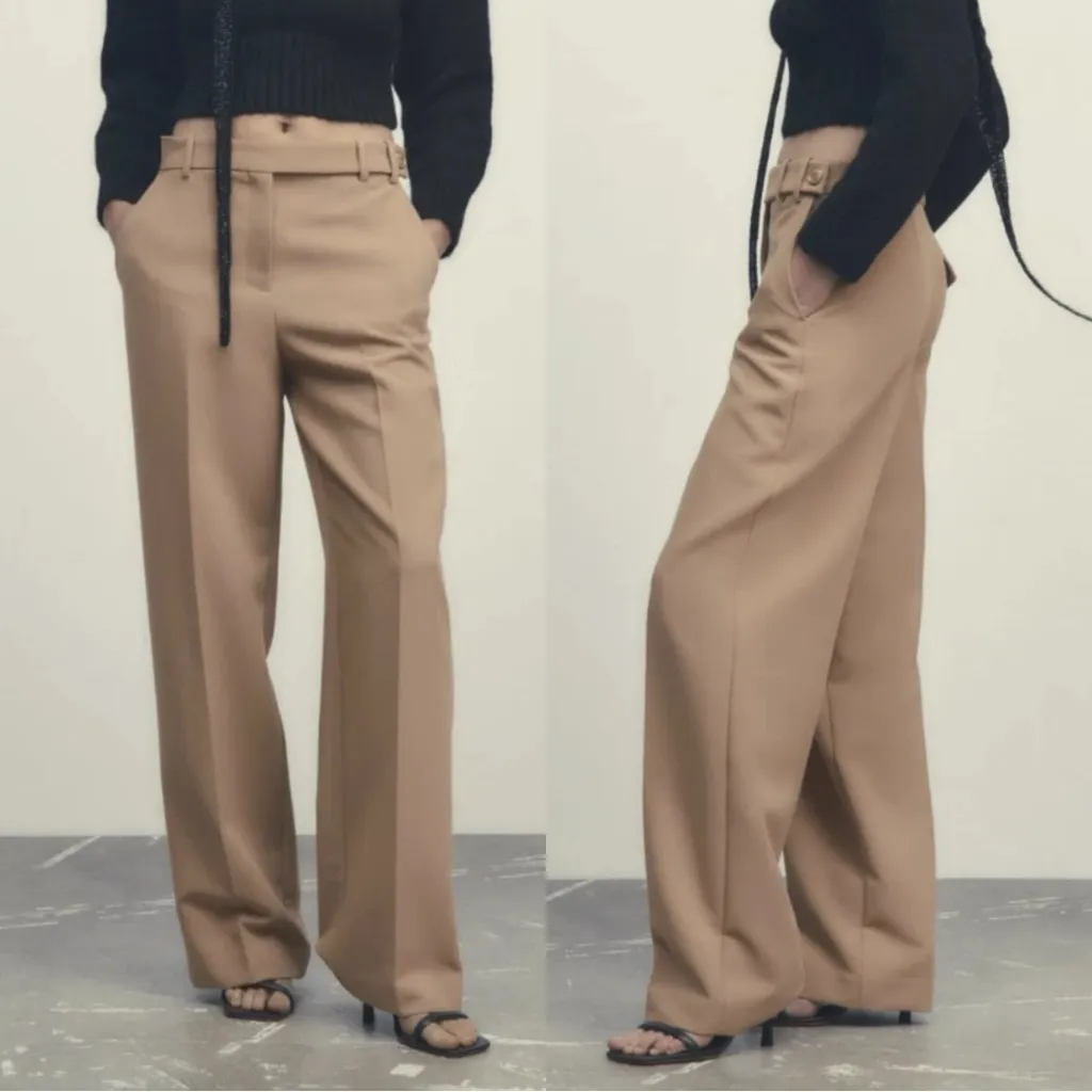 Zara Women’s High Waisted Wide Leg Menswear Trouser Pants in Camel L - Image 2