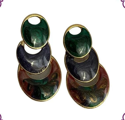 Vintage 1980s 1990s Goldtone & Enamel Pierced Earrings - Image 2