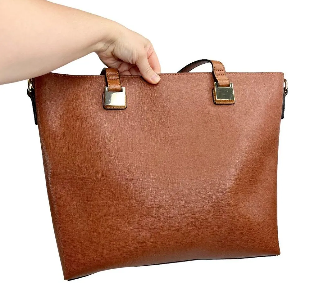 Faux Leather Brown Double Handle Red Lined Tote Bag Purse - Image 4