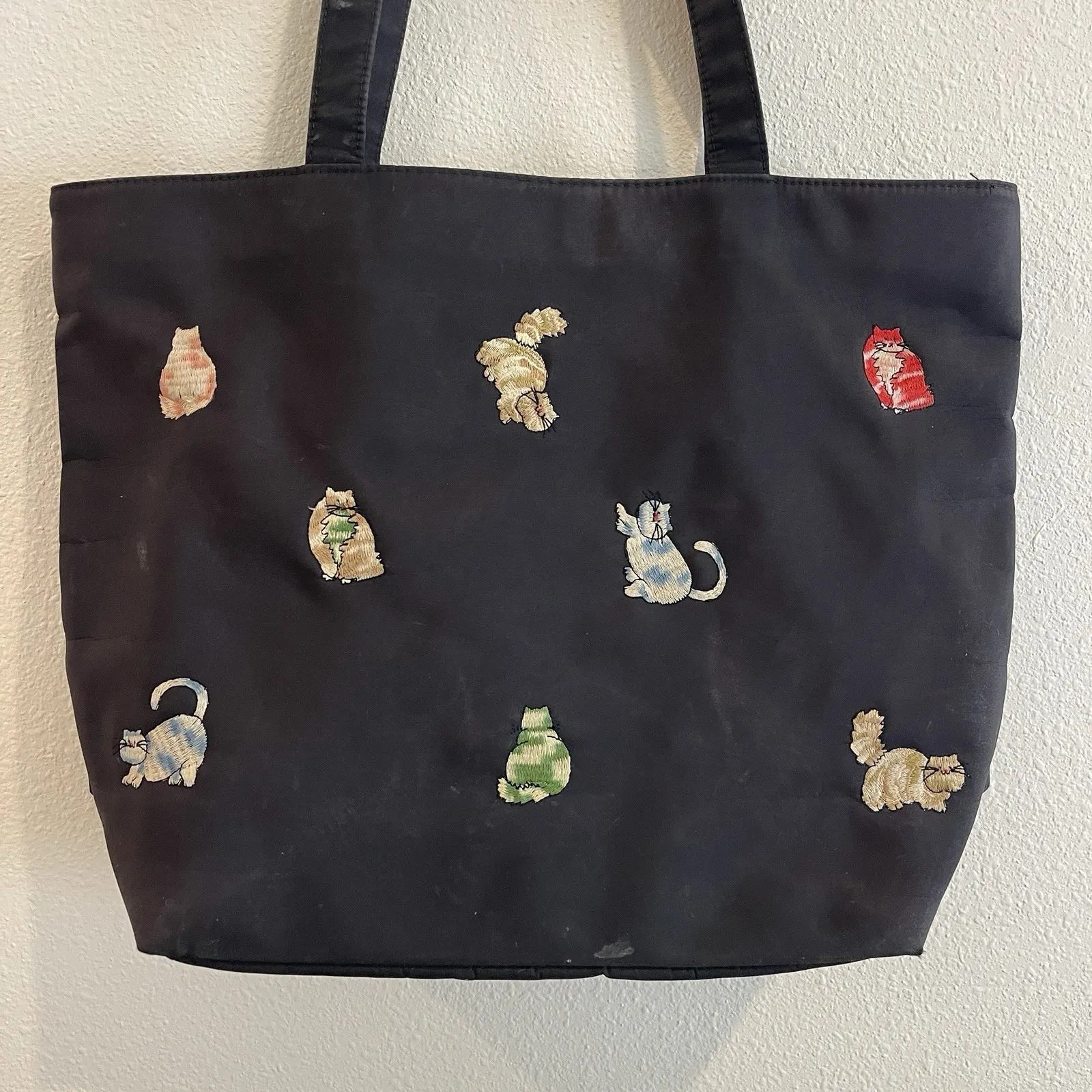 Vintage Tote Bag Black W/Embroidered Cats And Change Purse Animal Print - Image 2
