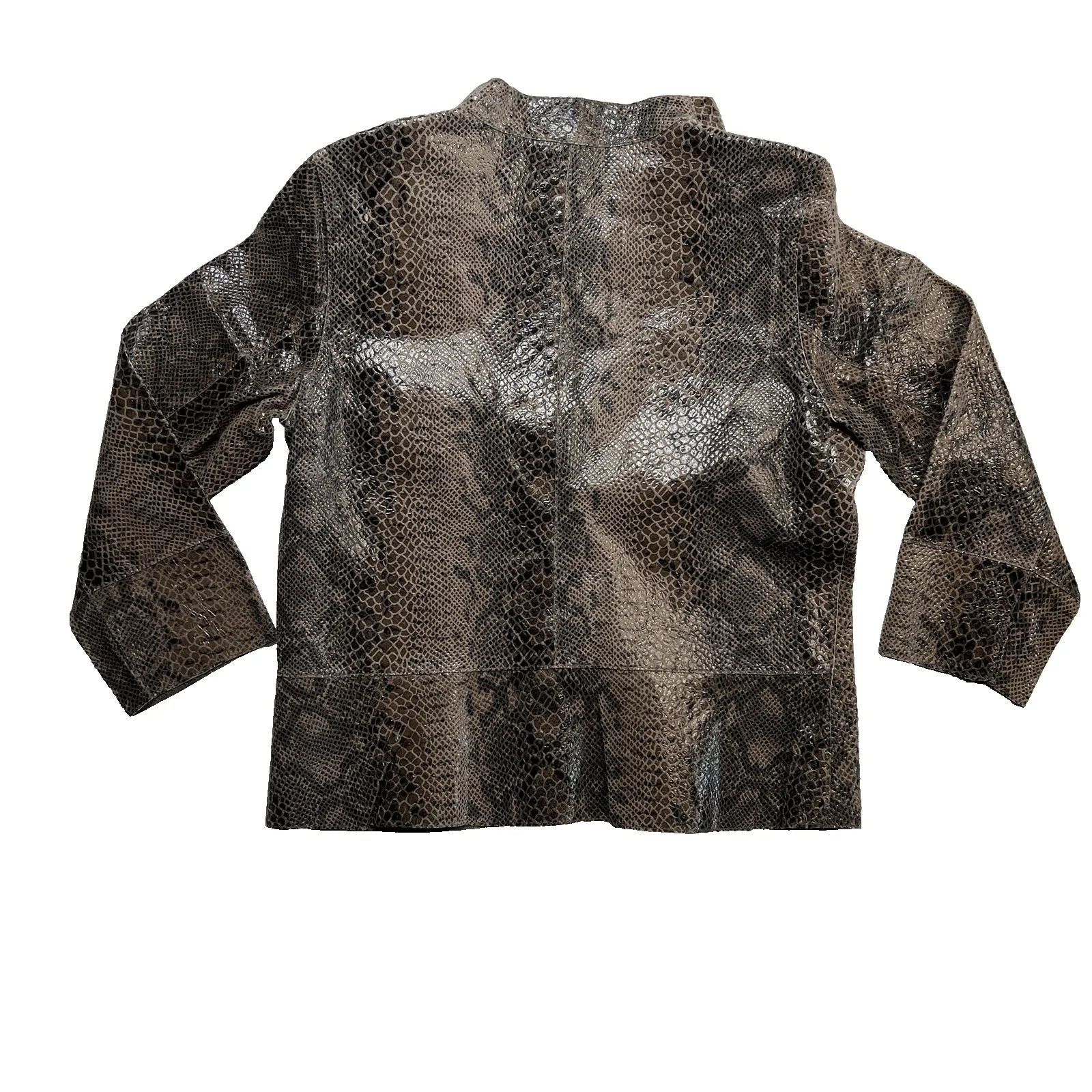 Chicos Python Snake Embossed Leather Jacket Size 1 Brown‎ Black Snaps Reversible - Image 2