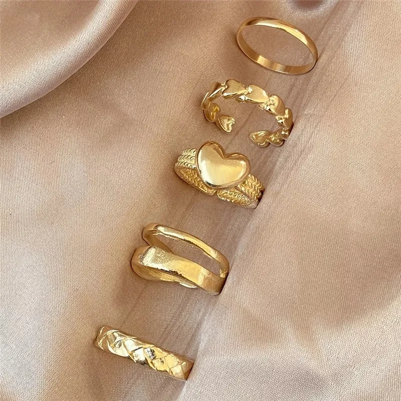 Y2K Aesthetic Heart Geometric Gold Ring Set of 5 - Image 3