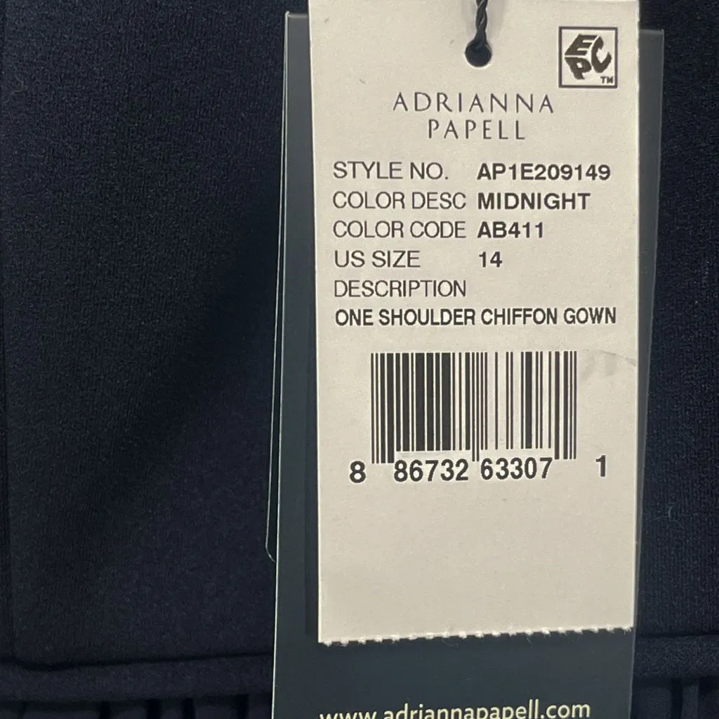 Adrianna Papell Chiffon One Shoulder Maxi Dress Gown Pleated Navy Blue 14 - Image 13