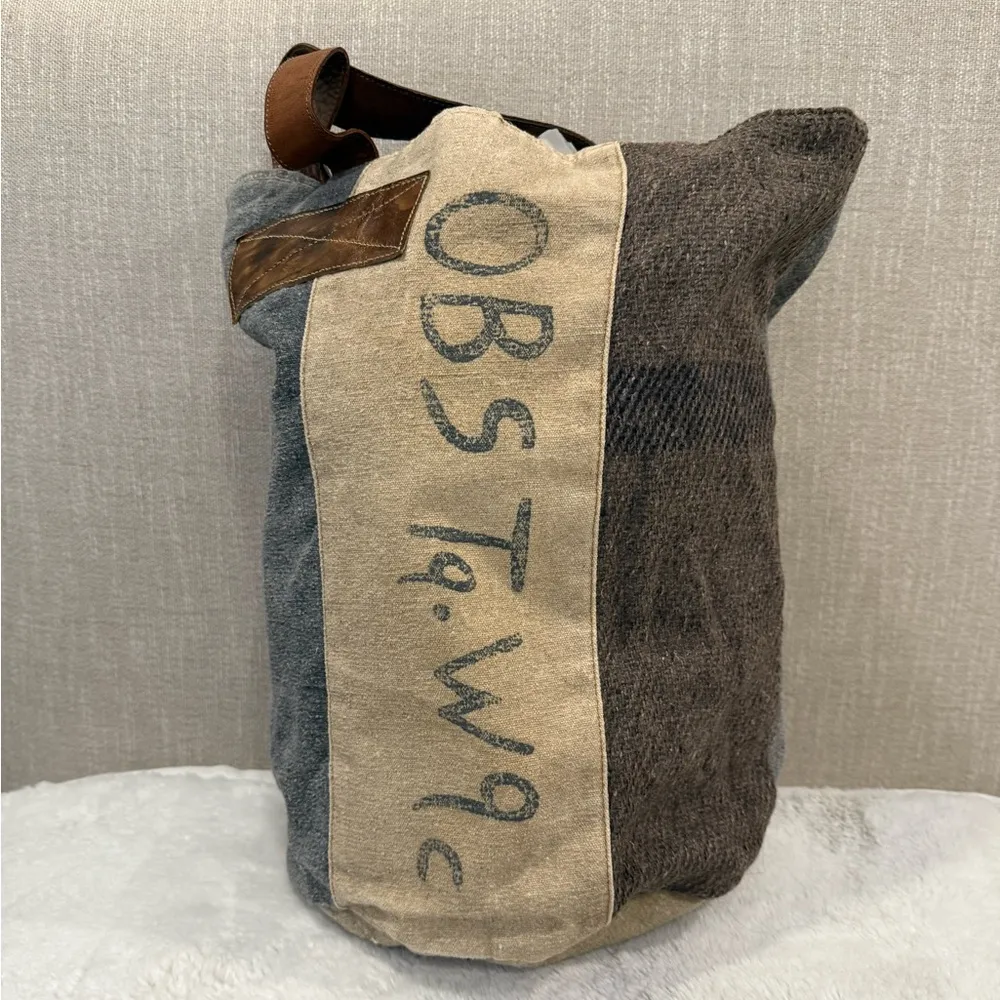 **The Barrel Sack Cotton Tote Bag with Leather Handles** Blue - Image 2