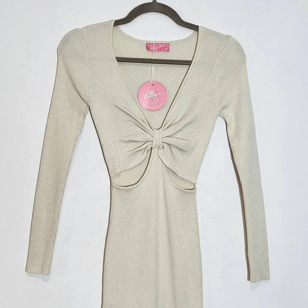 Lilly's Kloset Cream Ribbed Knit Bodycon Midi Dress NWT Size Medium - Image 3