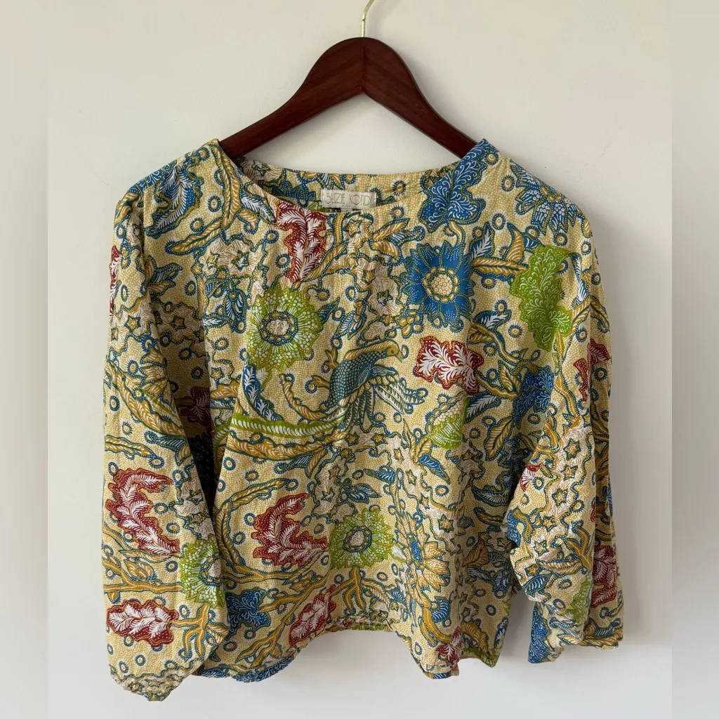Suzie Kondi Saria Women's Cotton Boxy Printed Batik Top Sz S $225‎ Yellow - Image 2