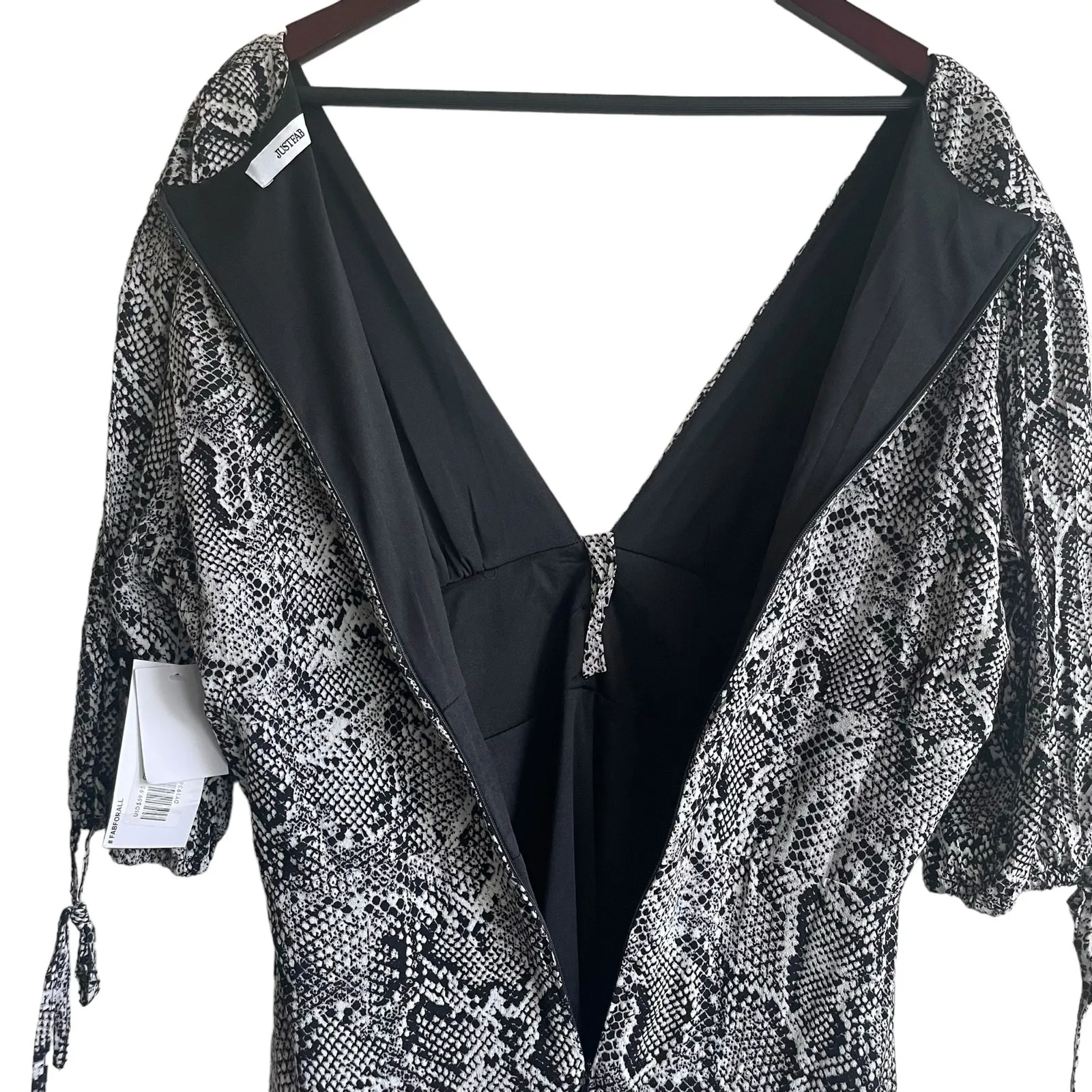 JustFab Women Sheath Dress XL Black Reptile Print Tie Sleeve Ruffle Hem NEW‎ - Image 4