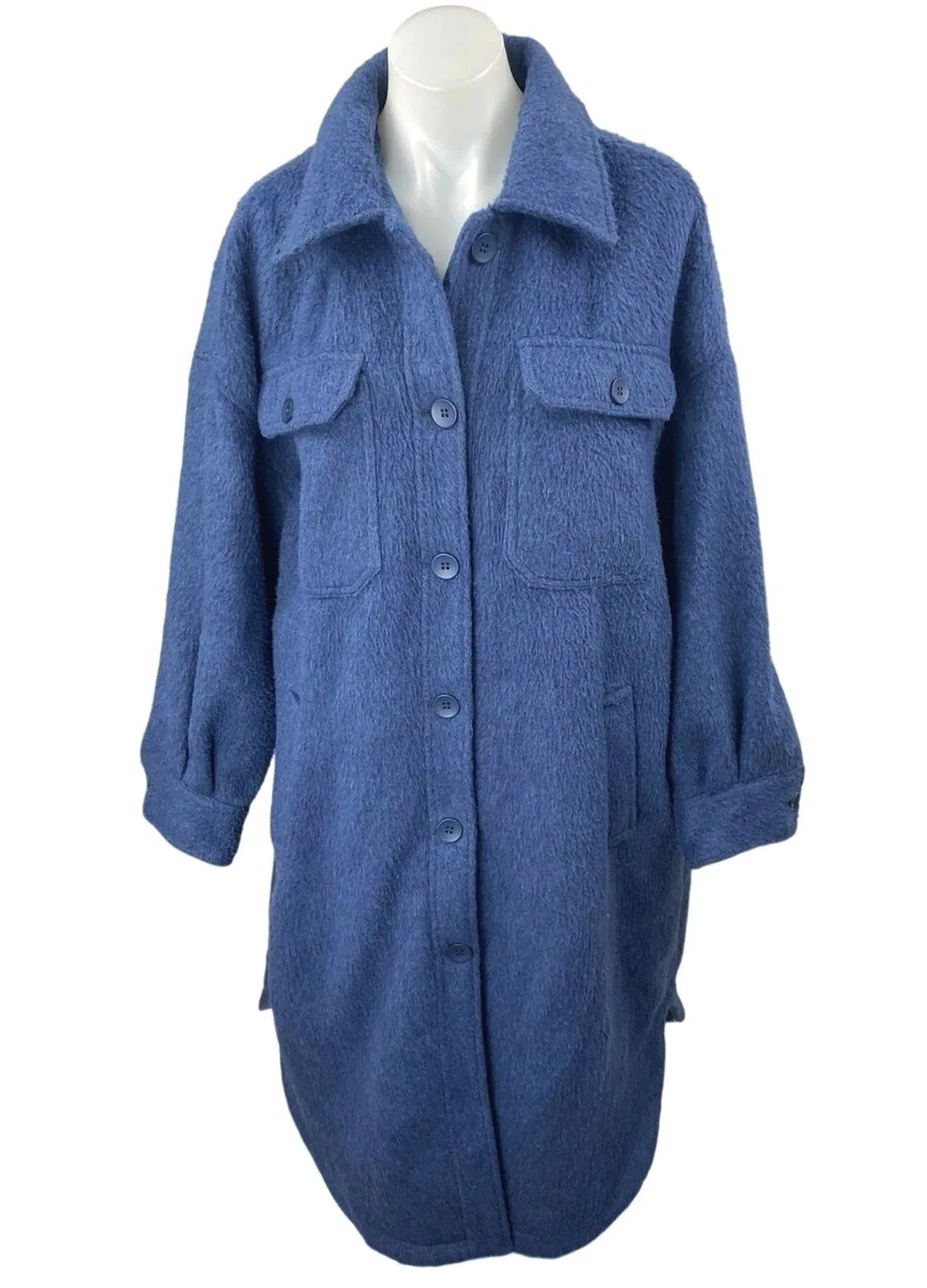Treasure & Bond Women's Blue Wool Faux Fur Button Down Shacket Shirt Jacket Sz M - Image 1
