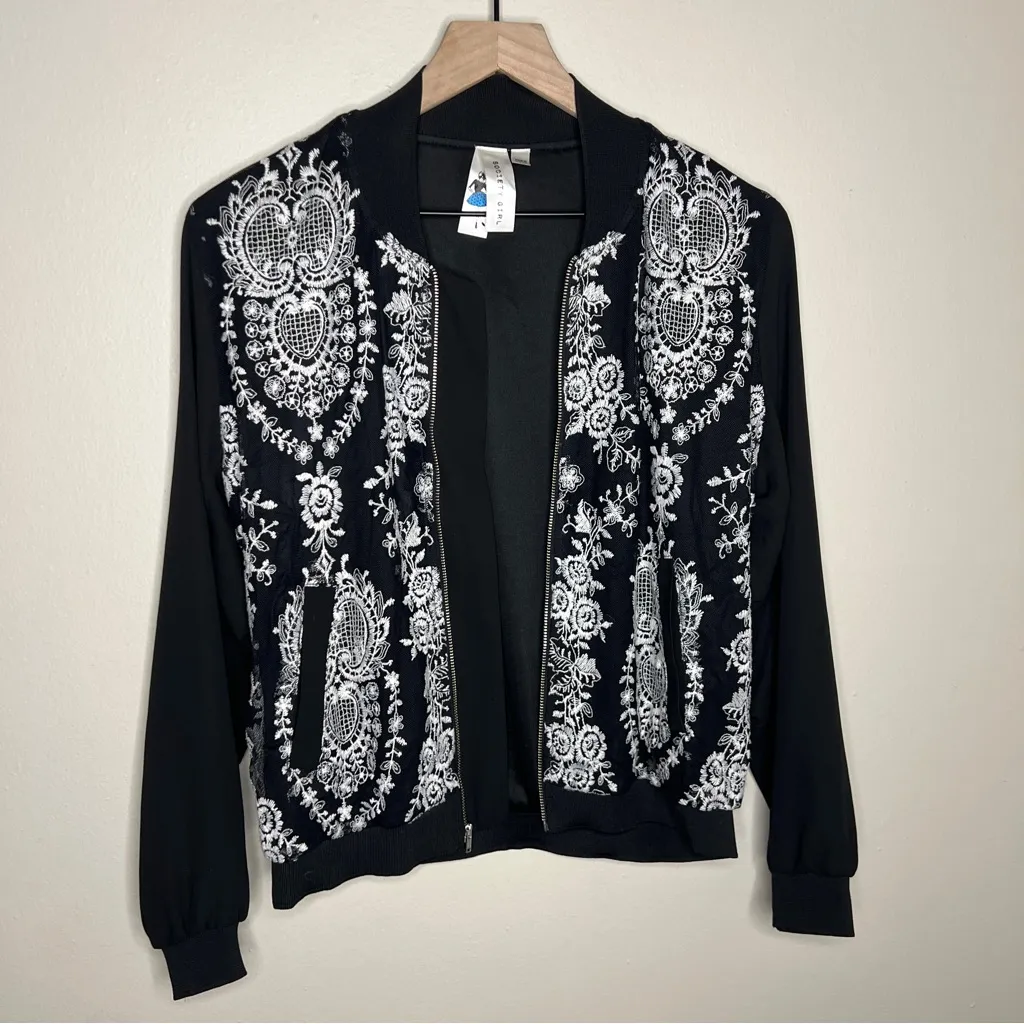 Society Girl Embroidered Mesh Chiffon Full Zip Front Bomber Jacket Lace Boho - Image 12