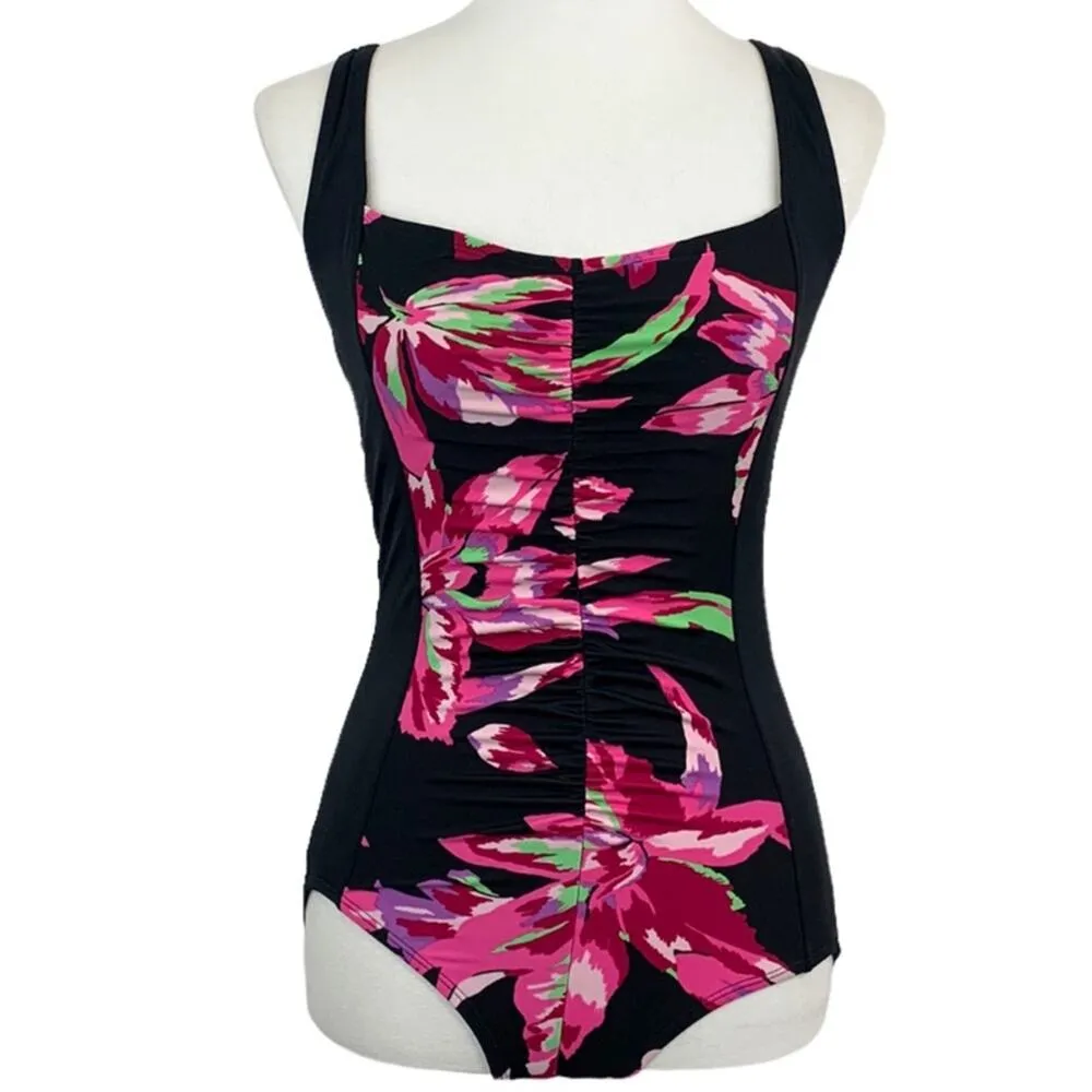 Tropical Escape Women's Black Pink Floral Ruched One Piece Swimsuit Size 6 - Image 7