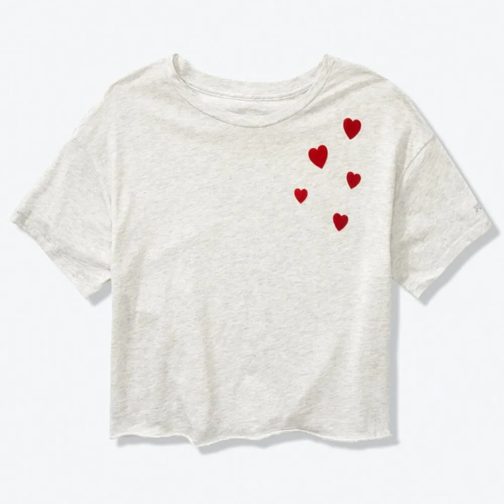 PINK VS VICTORIA'S SECRET Girlfriend Short Sleeve Cropped Tee Oatmeal Hearts L - Image 3