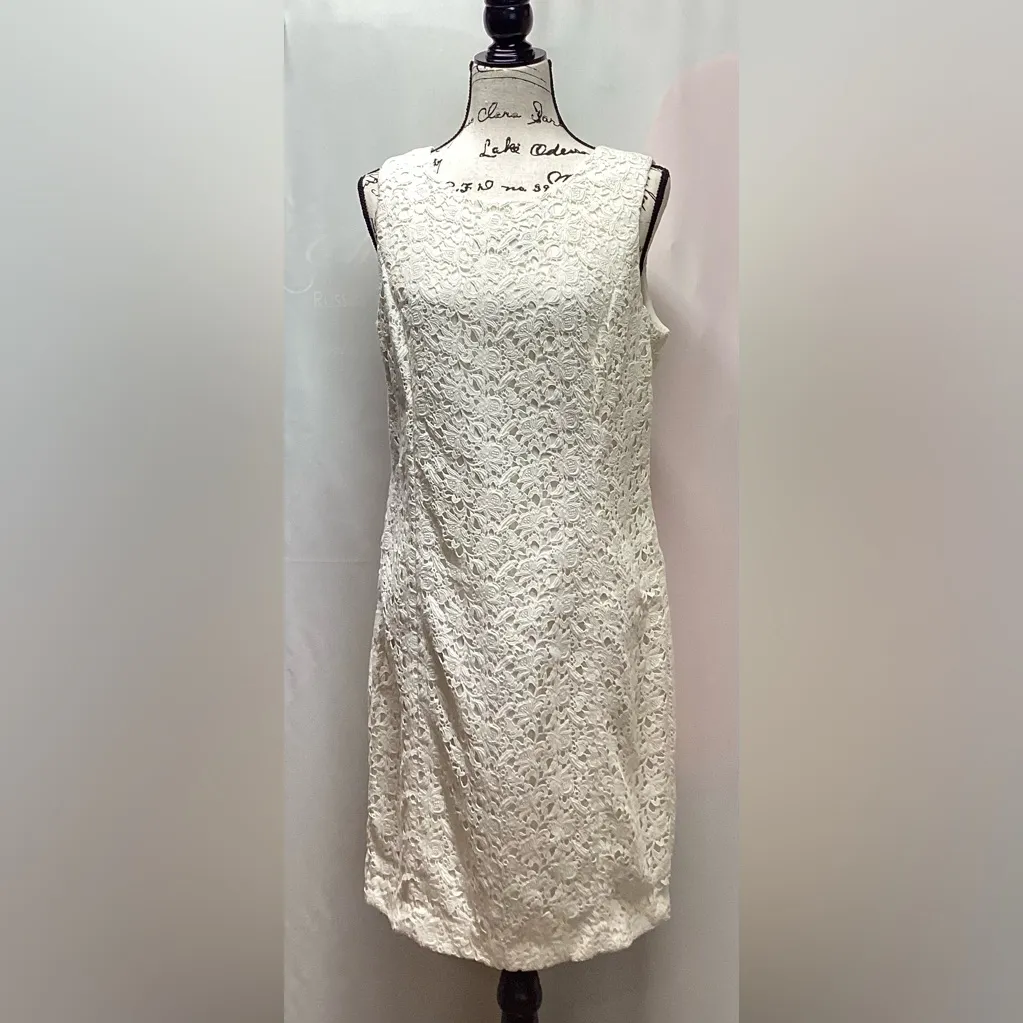 Talbots Crocheted/lace sheath dress. Off white. Sleeveless. Size 14P - Image 12