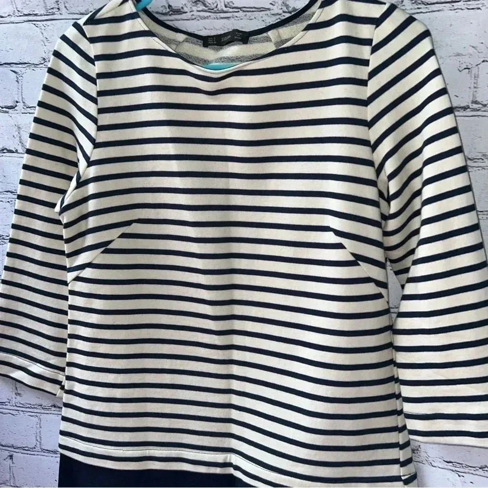 ZARA  Basics Nautical Sheath Dress Navy‎ Blue Striped size Small - Image 2
