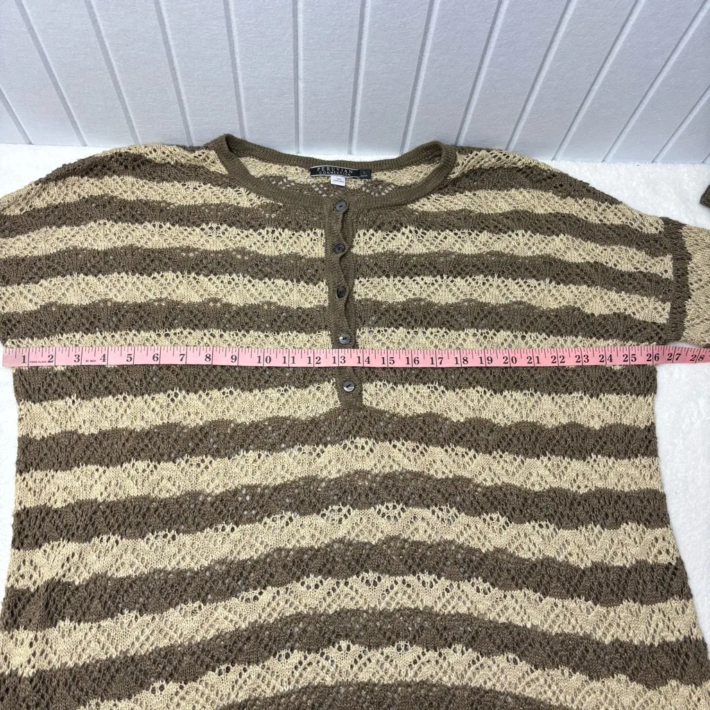 Peruvian Connection Vintage Crochet knit Brown and Cream Striped Sweater Size L - Image 7