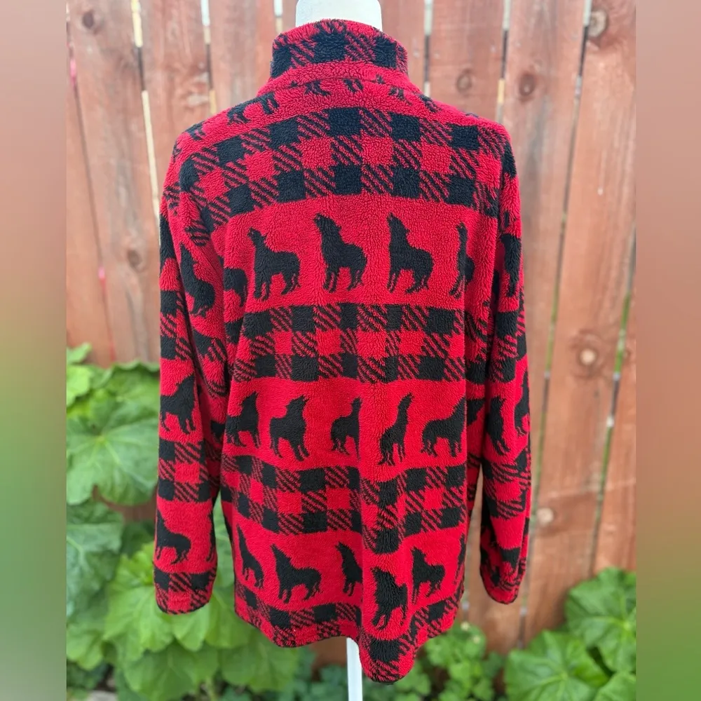 Woolrich Red & Black Buffalo Plaid Wolf Print Pullover Teddy Sweater Women’s XL - Image 4