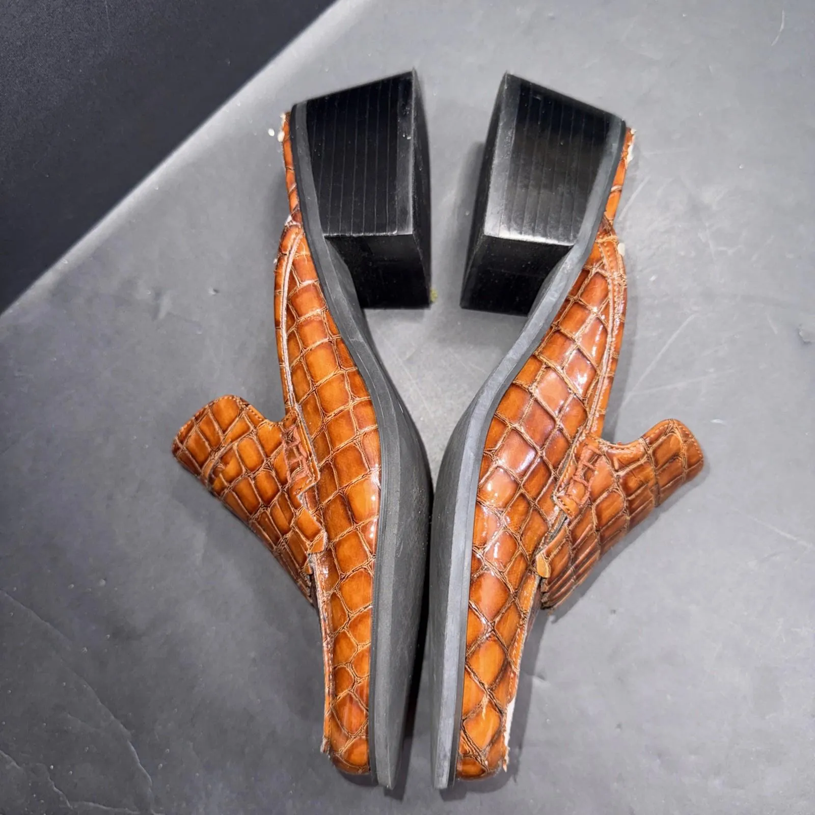 Vintage American Eagle Mules Leather Croc Embossed Slip On Brown Comfort Shoes 7 - Image 5