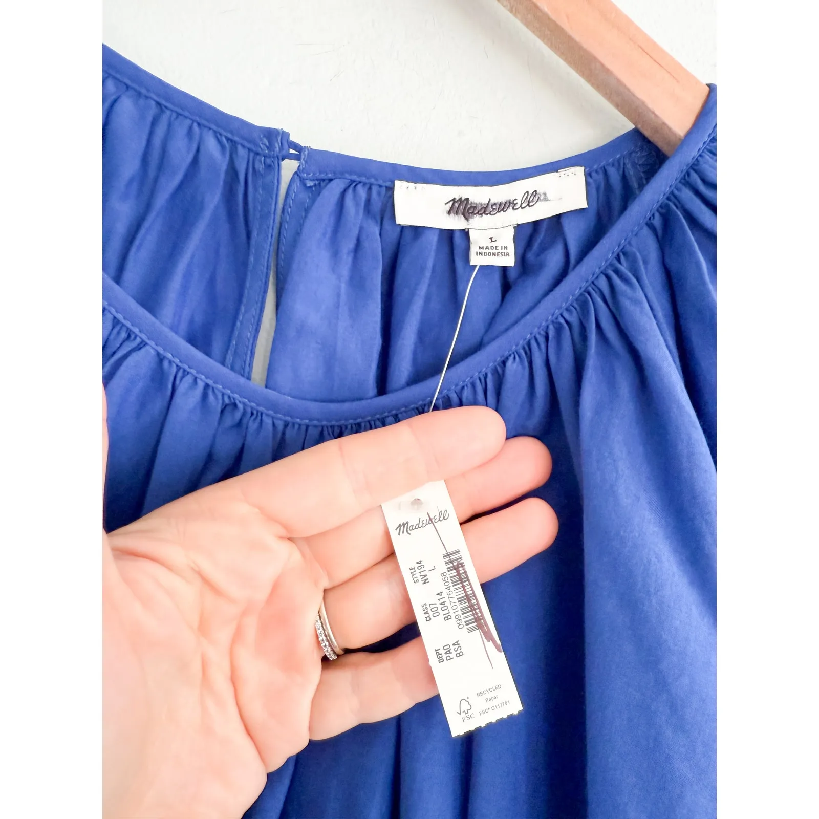 Madewell | NWT Shirred Puff-Sleeve Top in Cotton-Silk Voile Bright Sapphire Sz L - Image 7