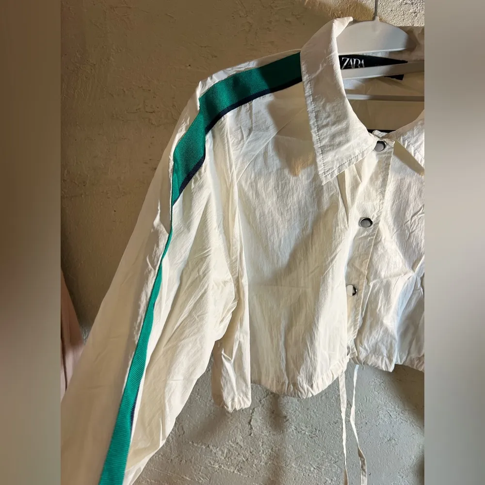 Zara White Cropped Jacket with Green/Navy Stripes: windbreaker type material - Image 3