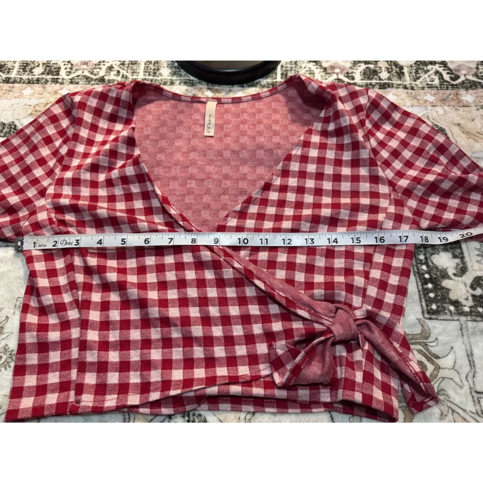 Gilli Red Gingham Wrap Tie Bell Sleeve Cropped Top Size L Boho Western Size L - Image 3