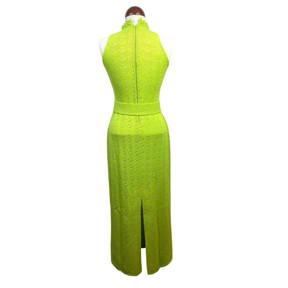 Vintage Dolphin California Lime Green Crochet Knit High Neck Belted Maxi Dress - Image 7