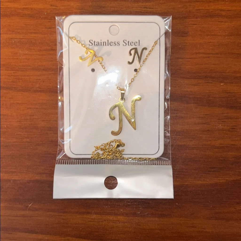 Gold Initial “N” Necklace & Stud Earring Set Stainless Steel Letter Jewelry NEW - Image 5