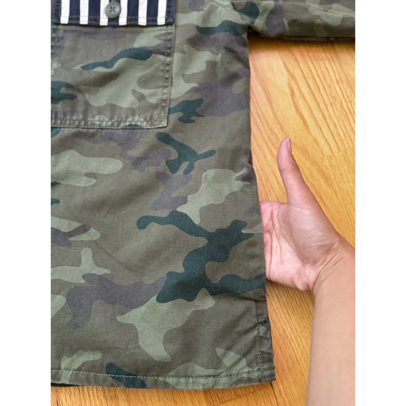 GAP Women’s Utility Shirt Military Jacket Green Camo Print Striped Cuff Sz S - Image 15