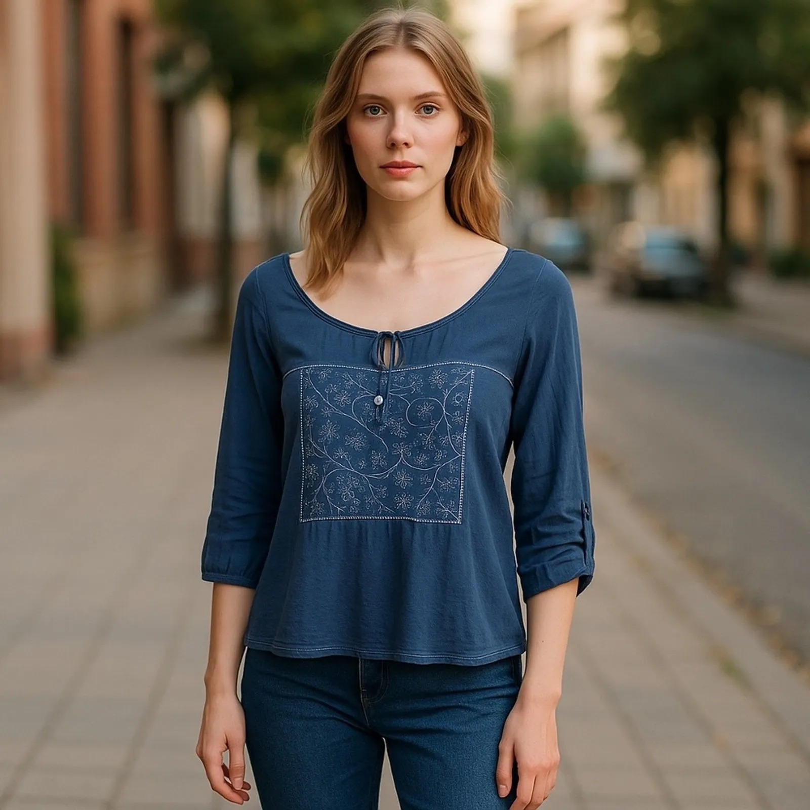 American Eagle Chambray Peasant Boho Blouse Embroidered Size S - Image 14