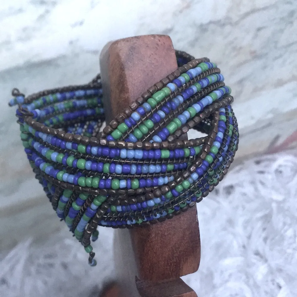 Bohemian Wire Cuff Braided Multicolor Seed Bead Bracelet Green - Image 6