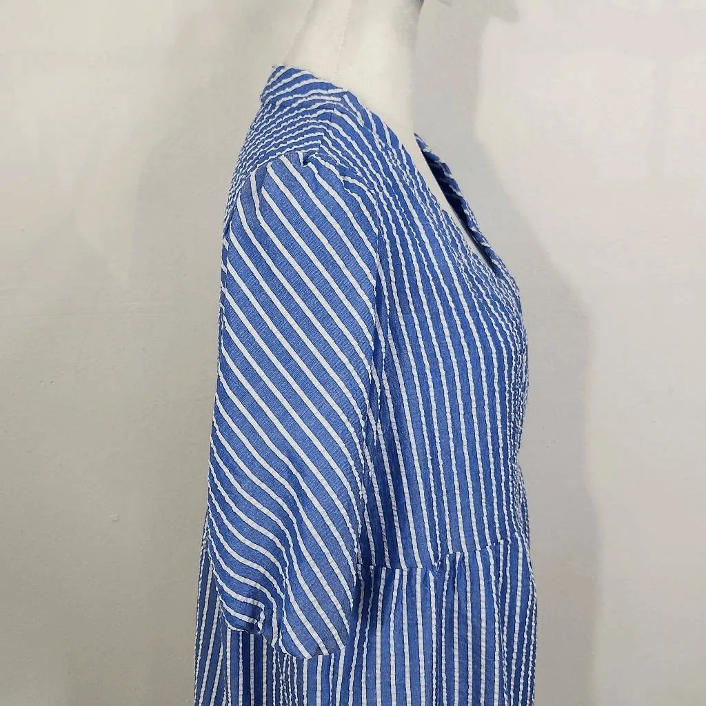 Sandra Darren Blue Stripe Tiered Dress Size 6 Preppy Puffy Sleeve Striped Dress - Image 4