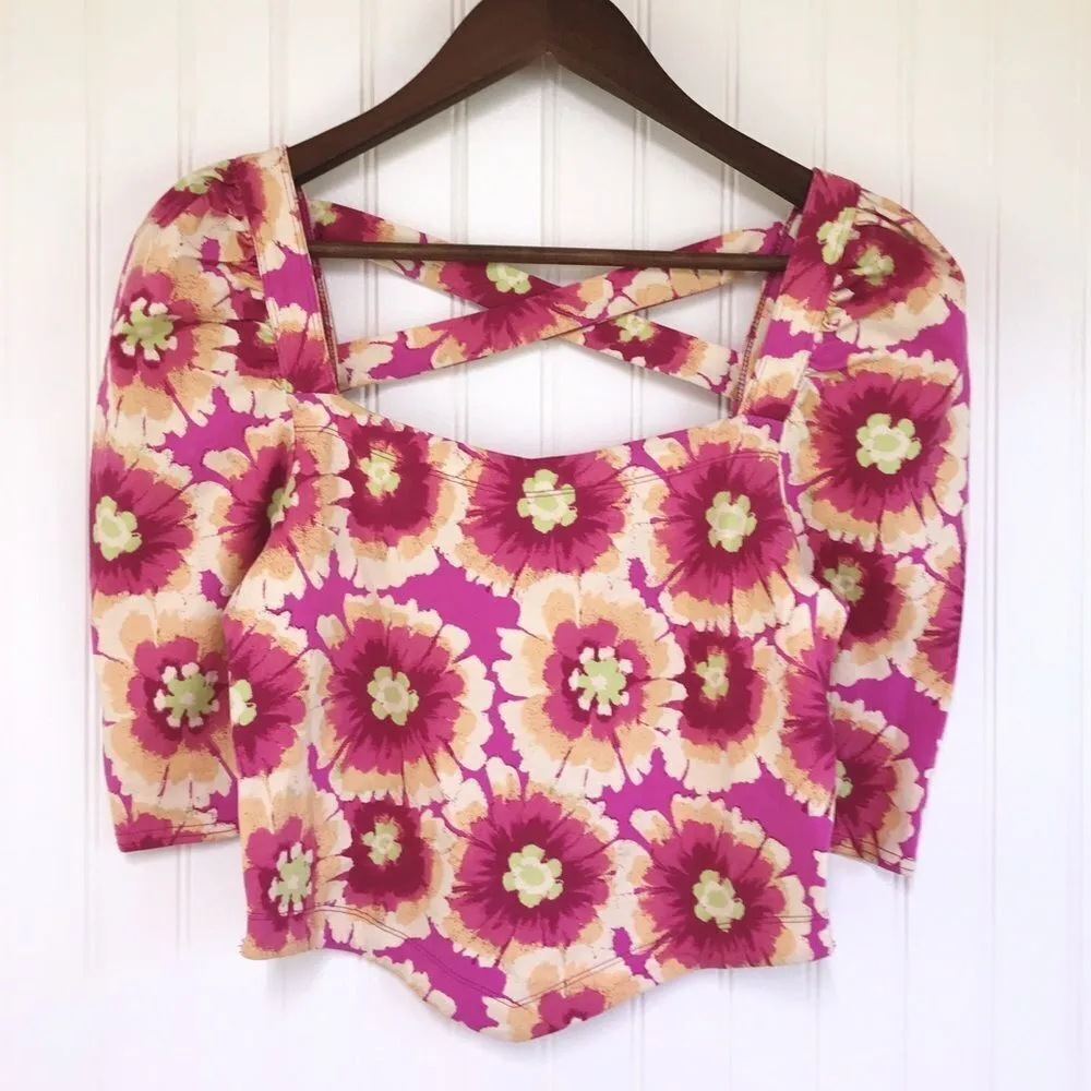 FREE PEOPLE Give‎ Me More Floral Crop Top Puff Sleeve Crisscross Back Small - Image 4