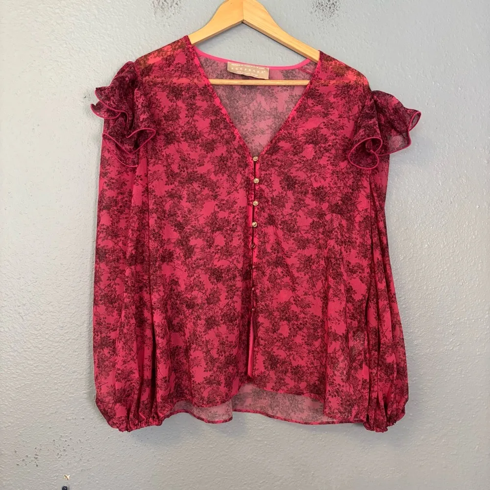 Keepsake the Label Ditsy Floral Pink Sheer Ruffle Sleeve Blouse XXS‎ Preppy Boho - Image 4