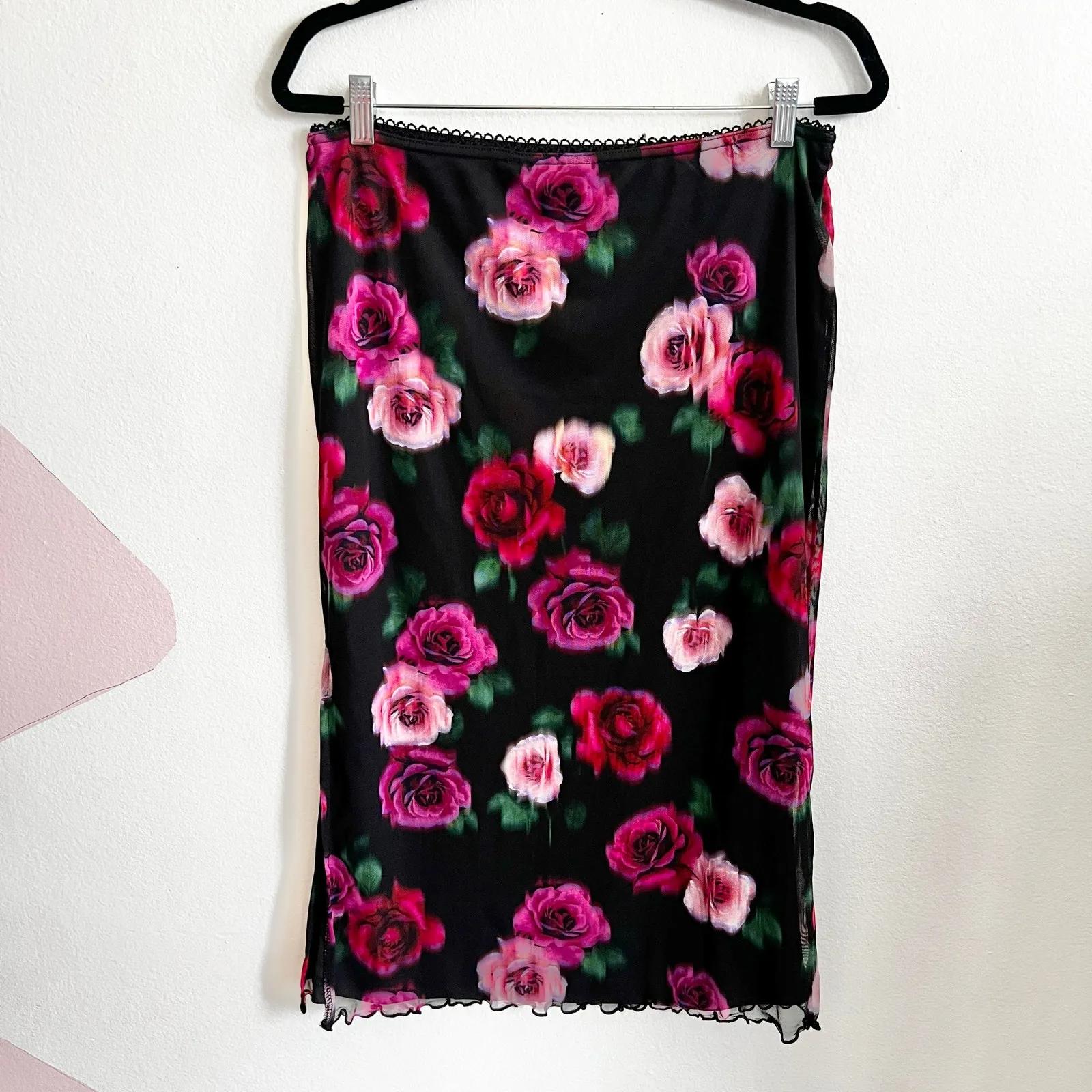 Black Pink Floral Midi Skirt, Vintage, Y2K, Grunge, Goth,‎ Dark Academia, Medium - Image 2