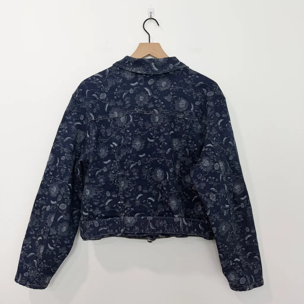Express Floral Denim Cropped Moto Jacket Sunflower size Large - Image 2