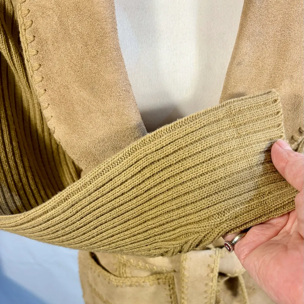 Vintage Banff Sweater Bee Tan Suede Patchwork Belted Open Jacket – Medium🧡 - Image 8