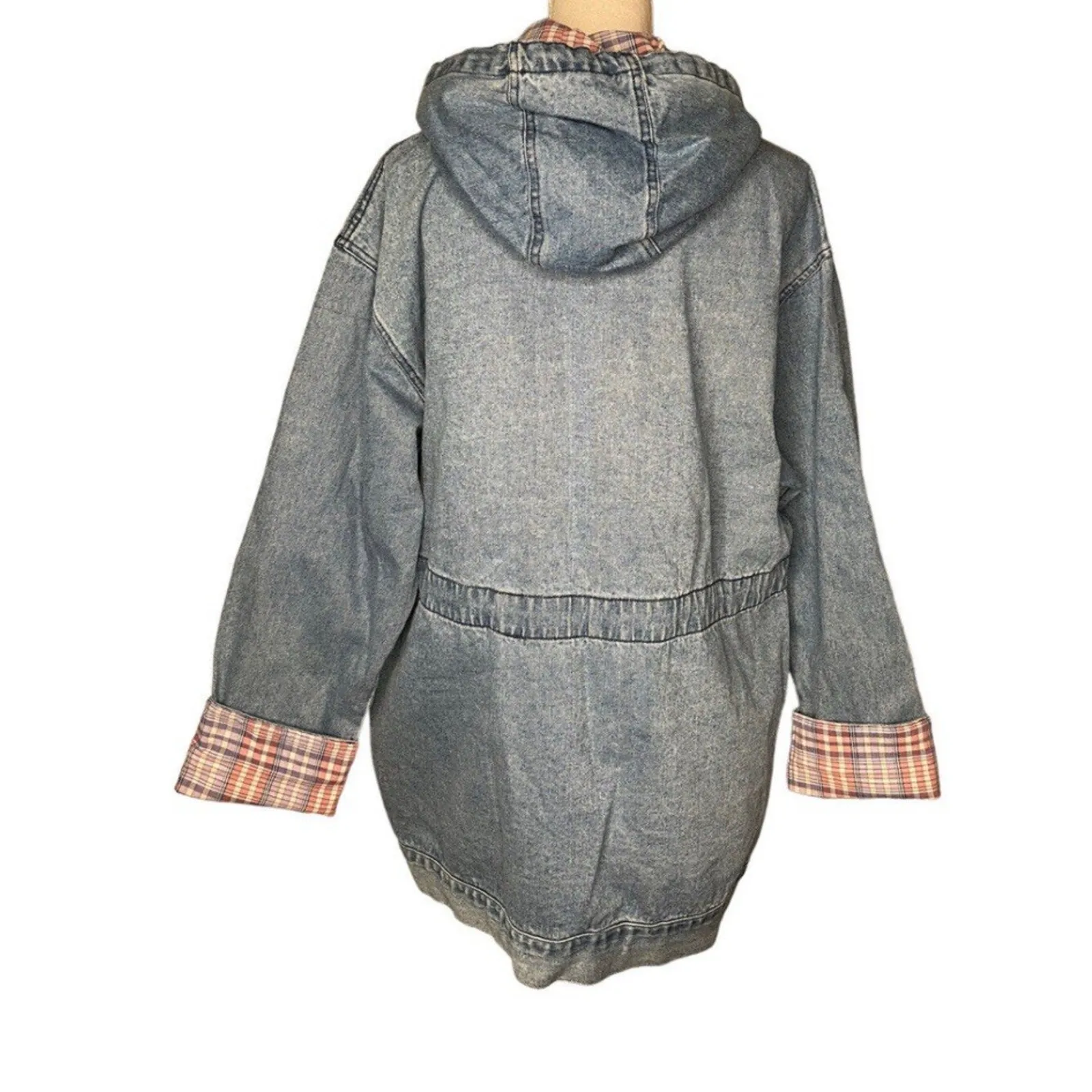 NEW Vtg 90s Stefano Womens Oversize Denim Barn Jean Jacket Plaid Trim Hood Sz M Blue Size M - Image 7