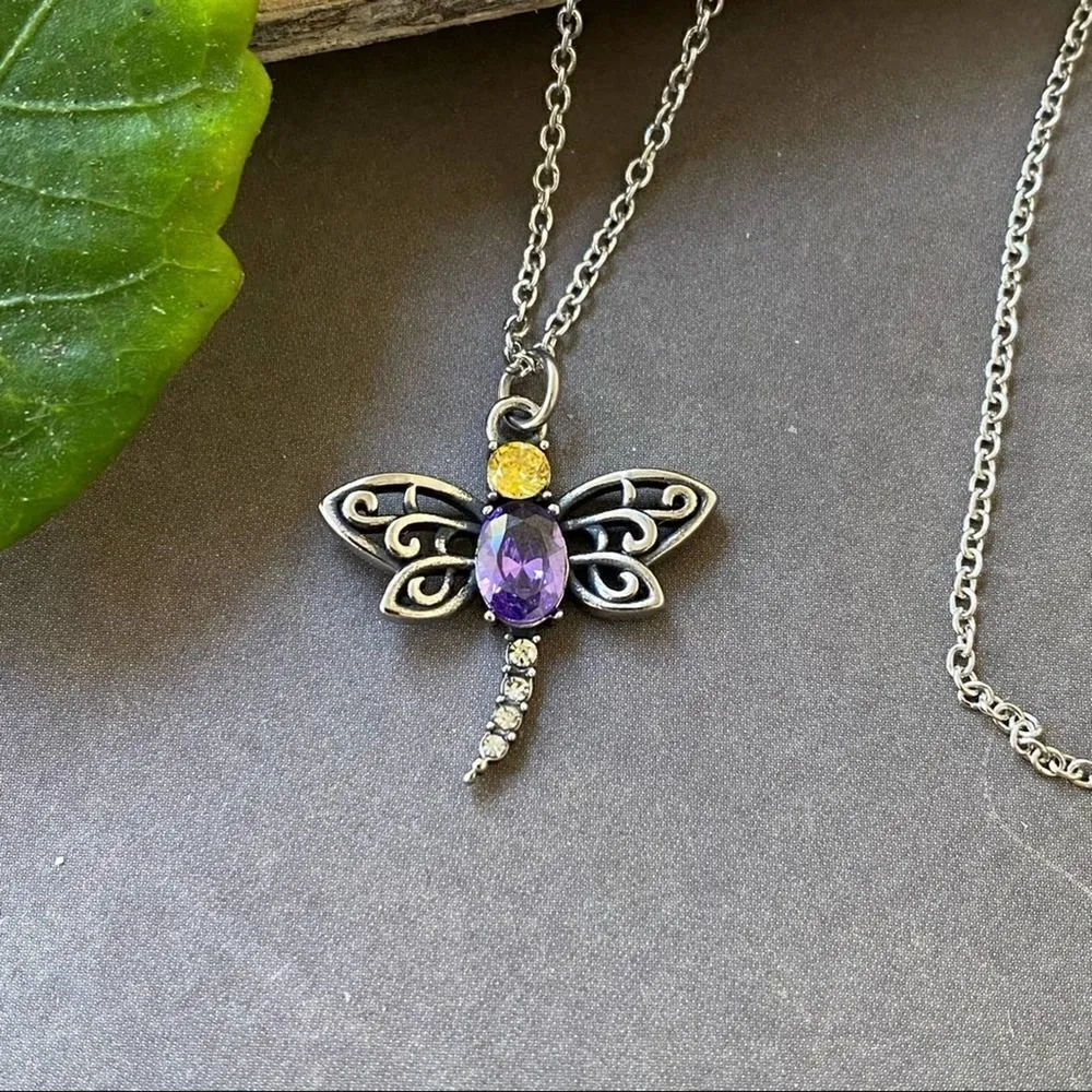 Stainless Steel Dragonfly CZ Necklace Purple - Image 3