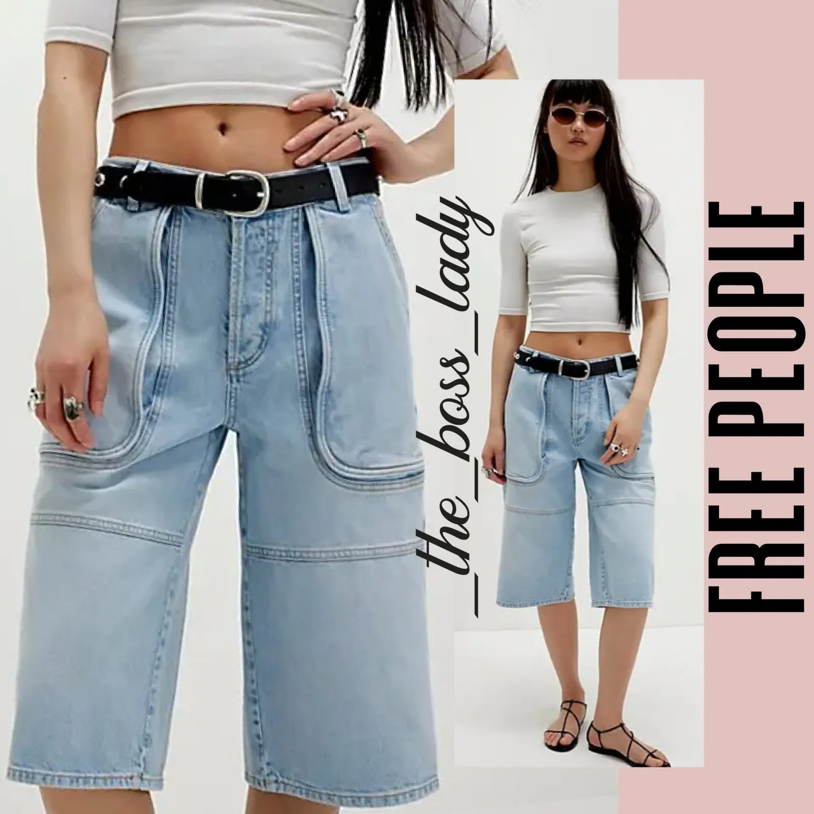 Free People cropped jeans pants long shorts denim bermuda relaxed cotton 26 - Image 8