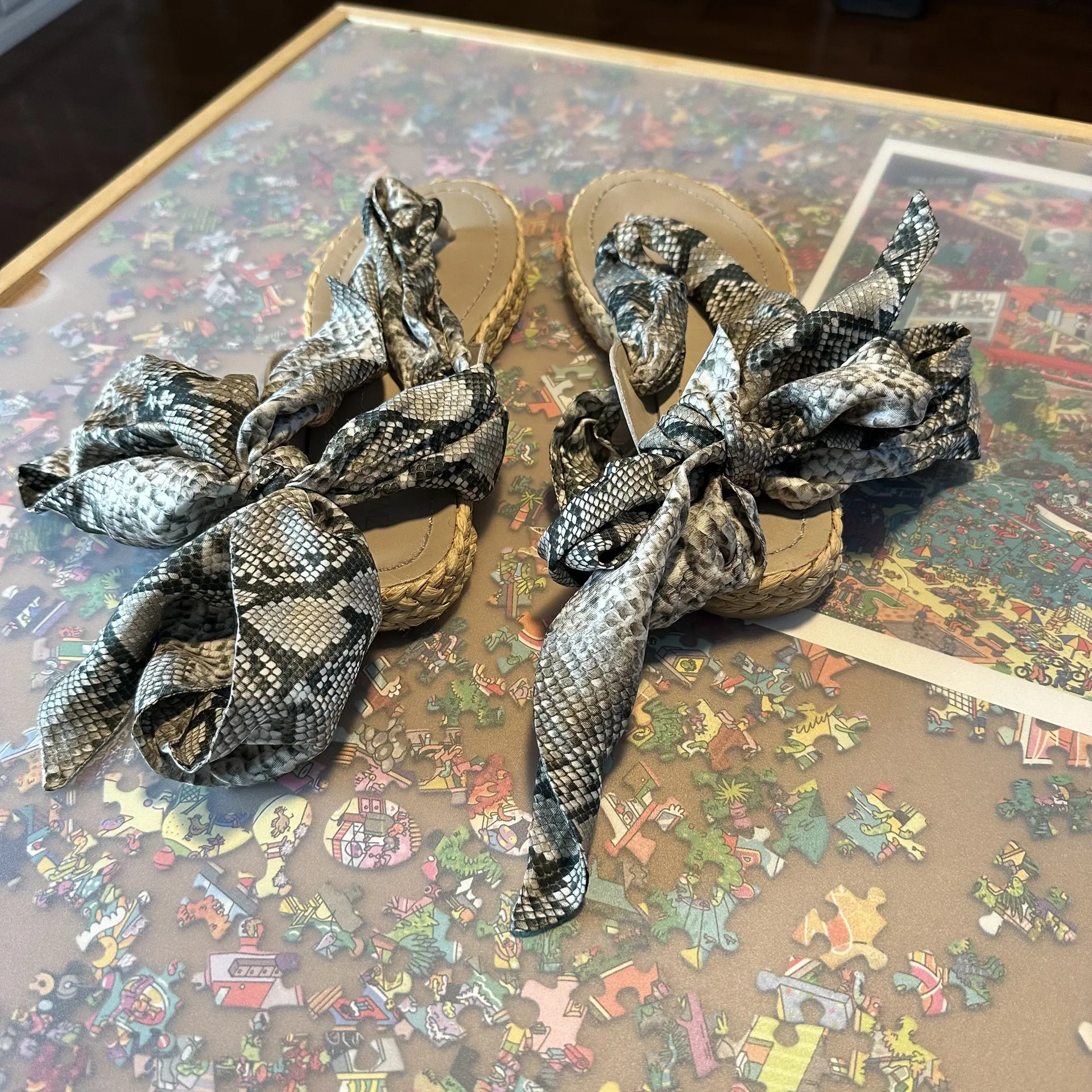 Zimmermann Scarf Tie Leather-trimmed Silk Twill Espadrille Sandals in Snake - Image 9