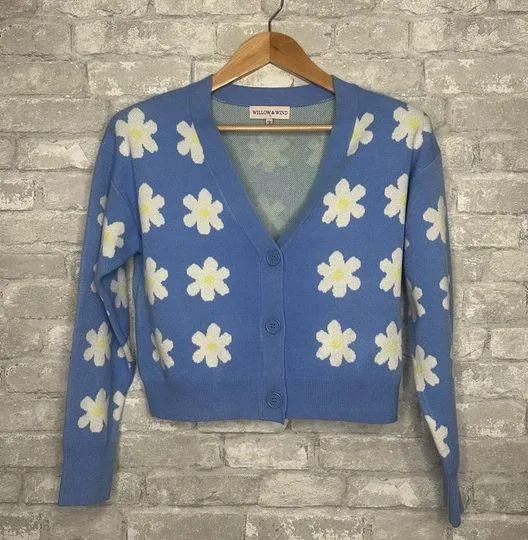 Willow and Wind Women's Sweater Cardigan Daisy Flower Design Size Large Blue - Image 1
