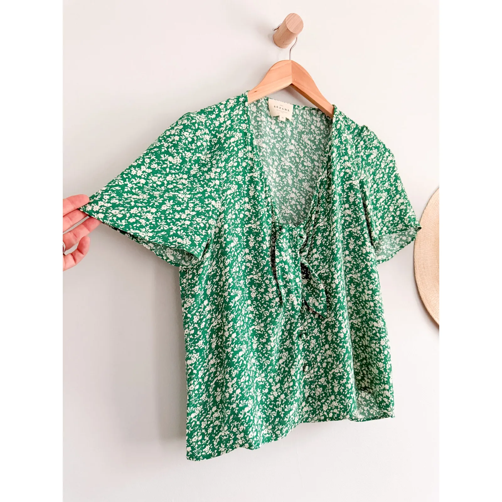 Sézane | Eloine Blouse Garden Green Floral Tie Front | Sz 2 - Image 3