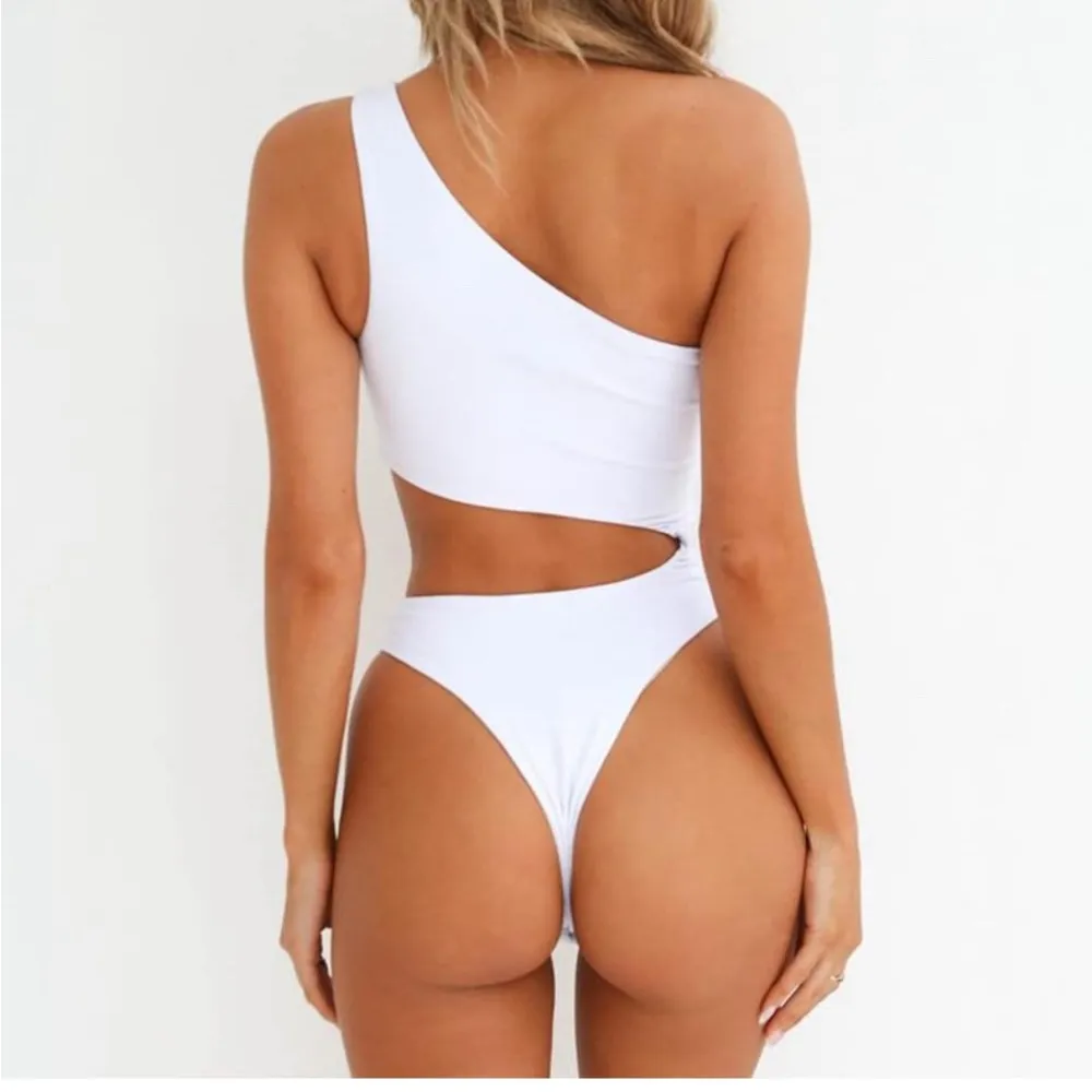 NWT SherryDC Women's Sexy Cutout One Shoulder High Cut Cheeky One Piece Swimsuit White - Image 2