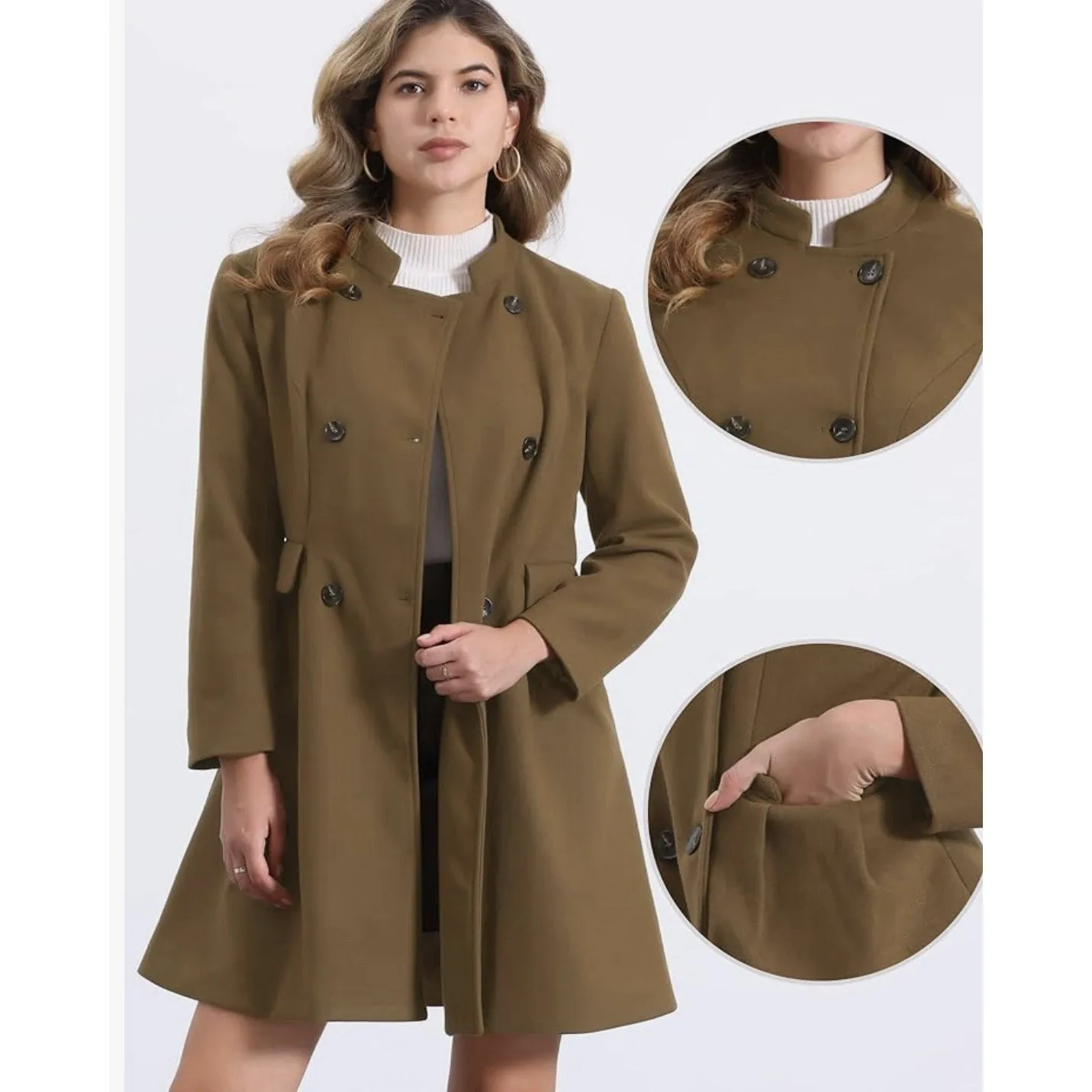Allegra K Stand Collar Coat For Womens Double Breasted Pocket Long Sleeve Sz S - Image 2