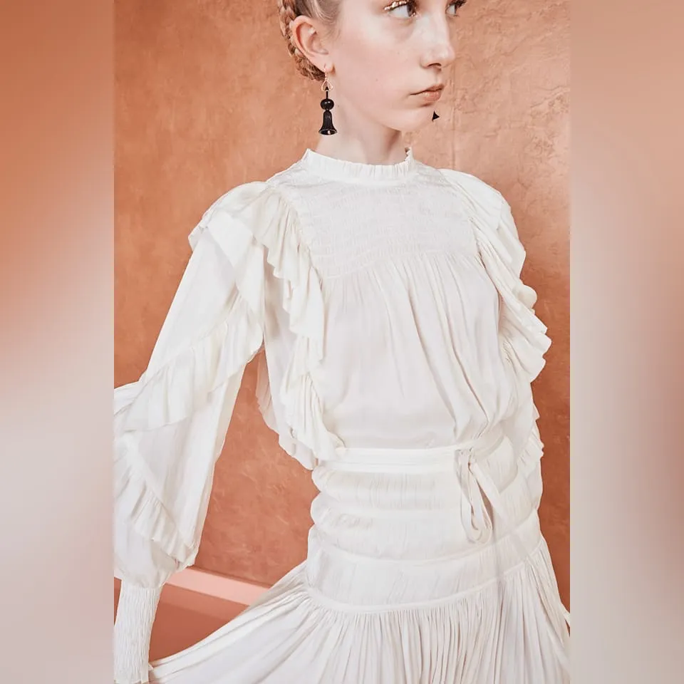 ULLA JOHNSON Jessamine Blouse Ivory Smocked Cascading Ruffles Mock Neck Size 4 - Image 3