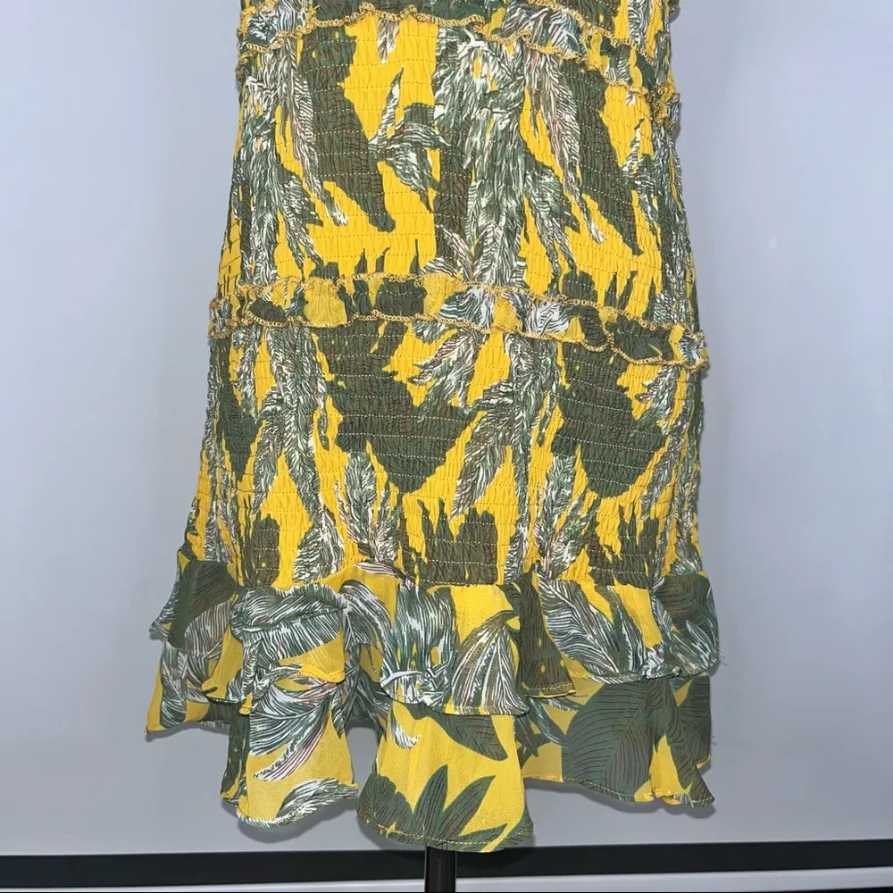 Yellow Green Palm Smocked Tiered Ruffle Short Mini Dress Medium NWT - Image 6