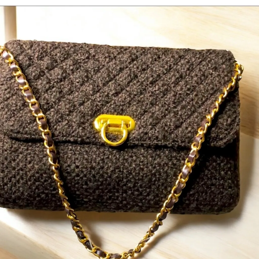 Vintage Joan Rivers Classics Brown Woven Tweed Shoulder Bag Gold Chain Y2K - Image 2