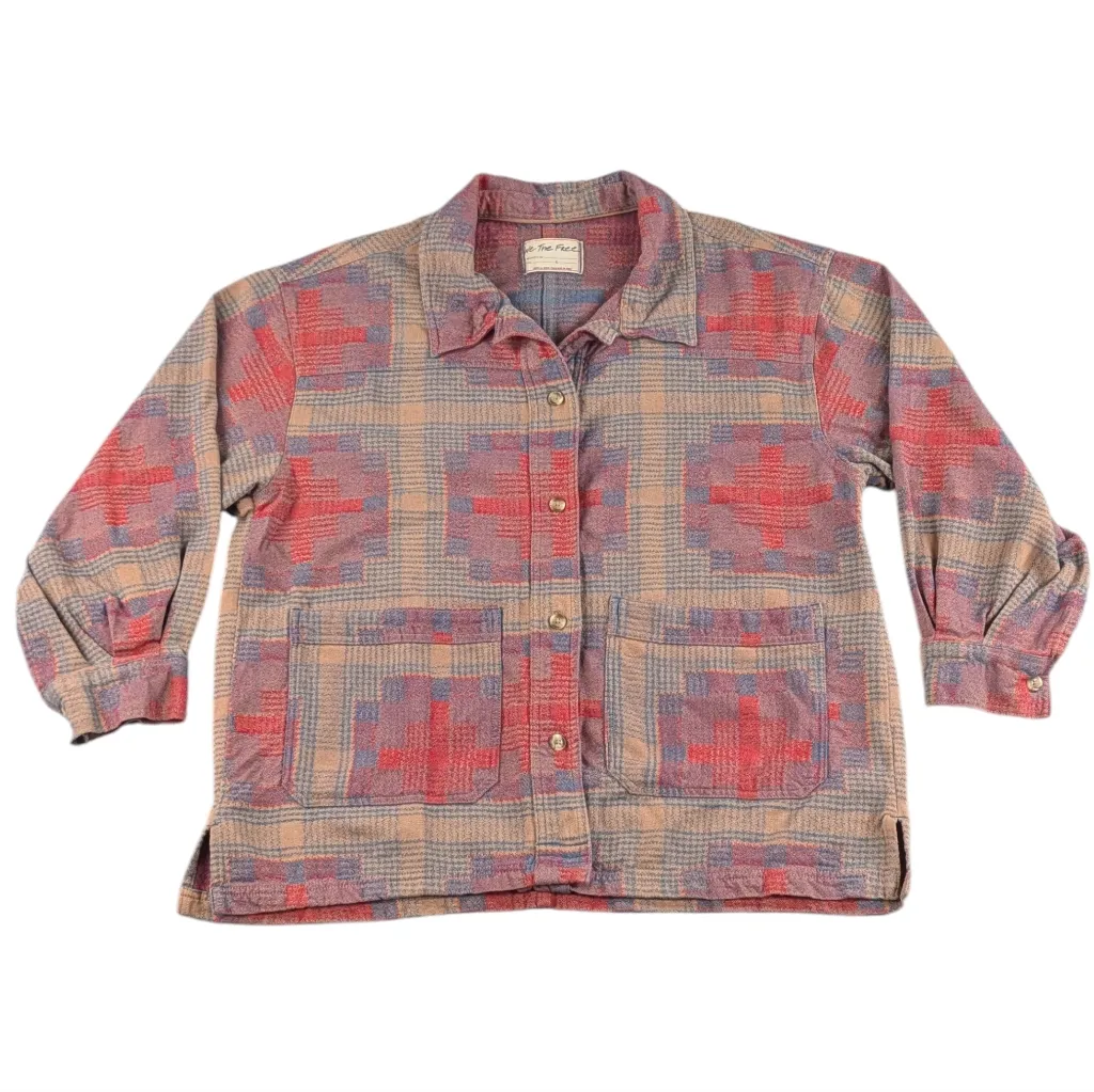 Free People We The Free Keep It Cozy Jacquard Shirt Jacket Red Combo Large  F362 - Image 3