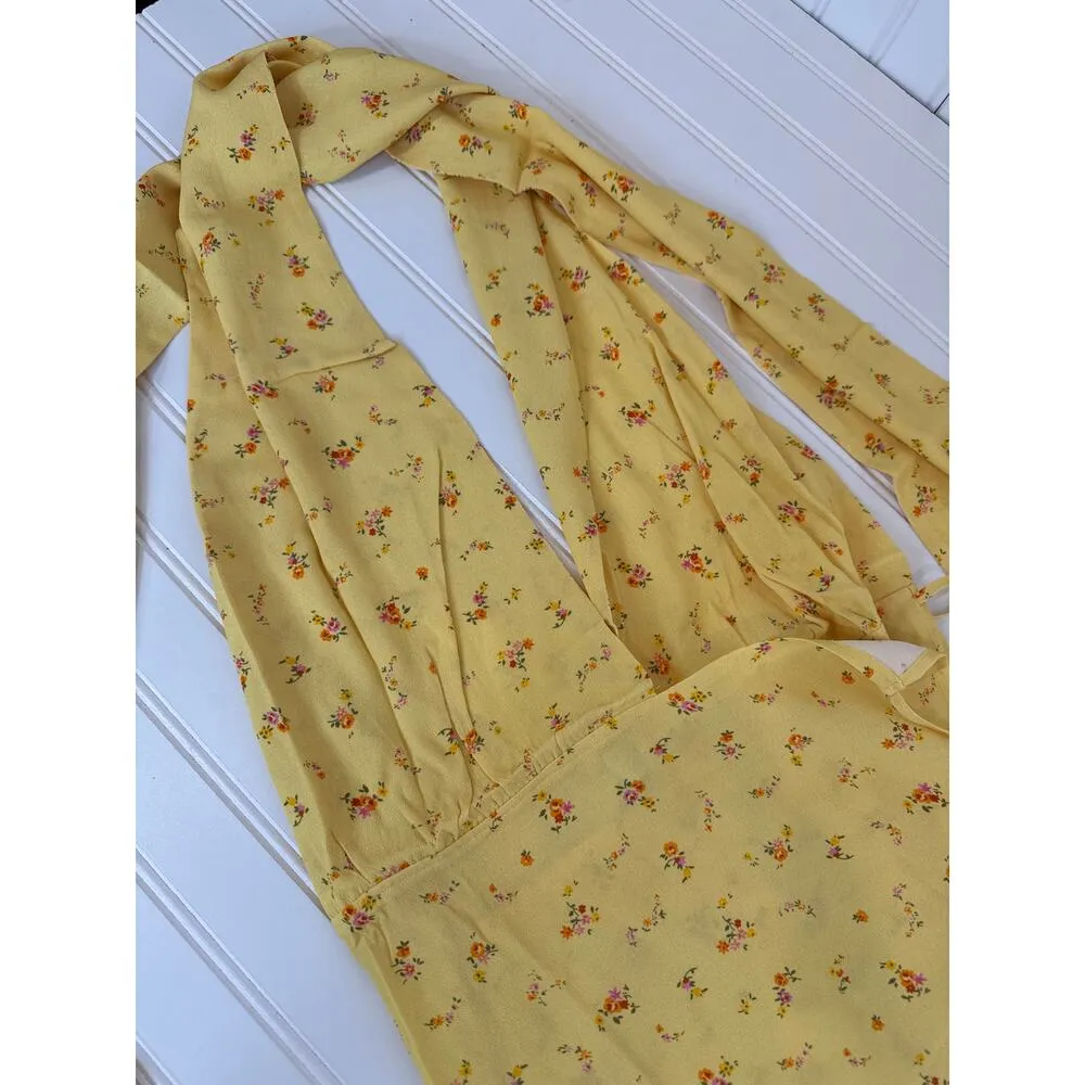 NWT Rumored Sirena Midi Wrap Dress Windswept Floral Halter Slit Womens Size S Yellow - Image 5