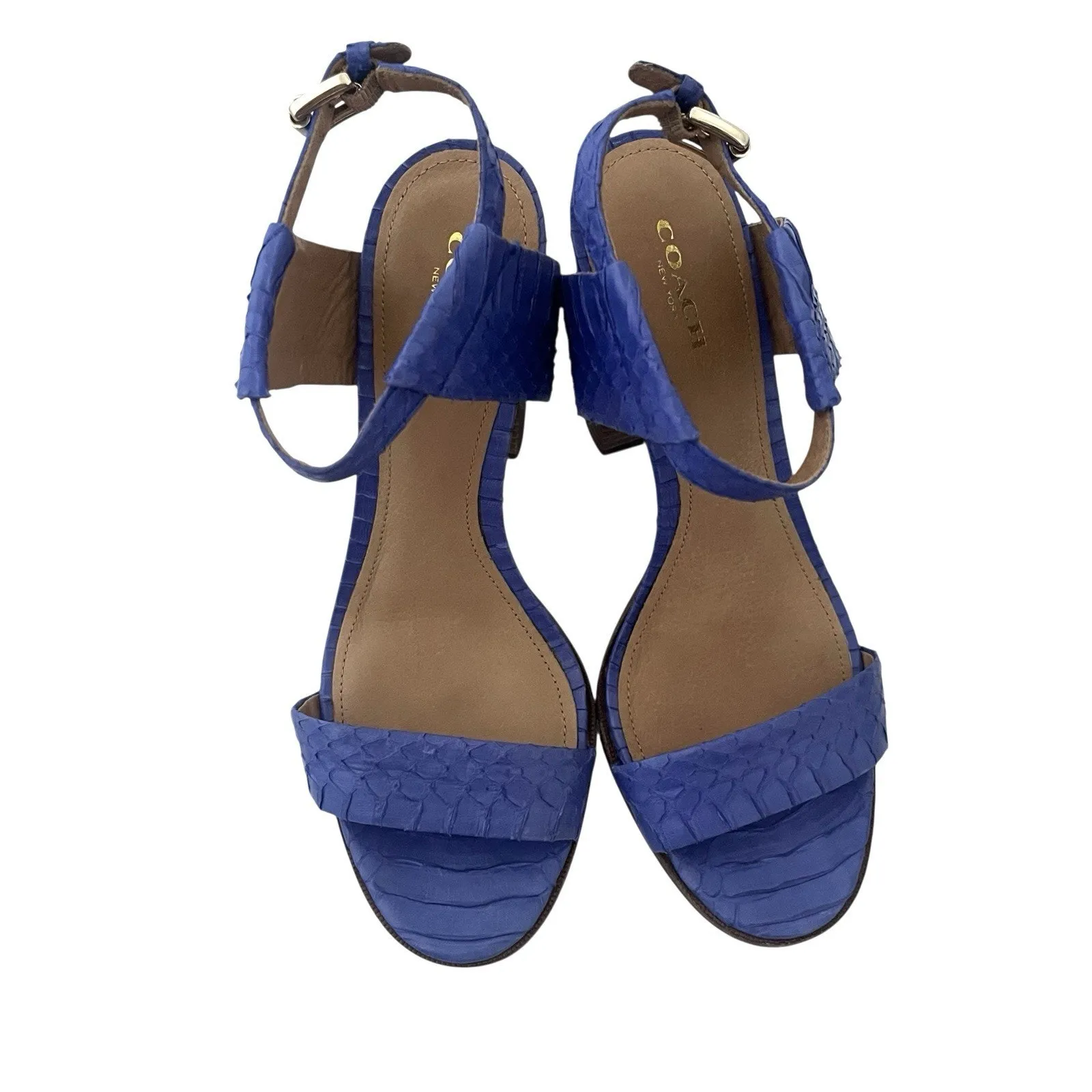 Coach Lexey Sandals Cobalt Blue Snake Embossed Leather Block Heel SZ 8 Chic - Image 6